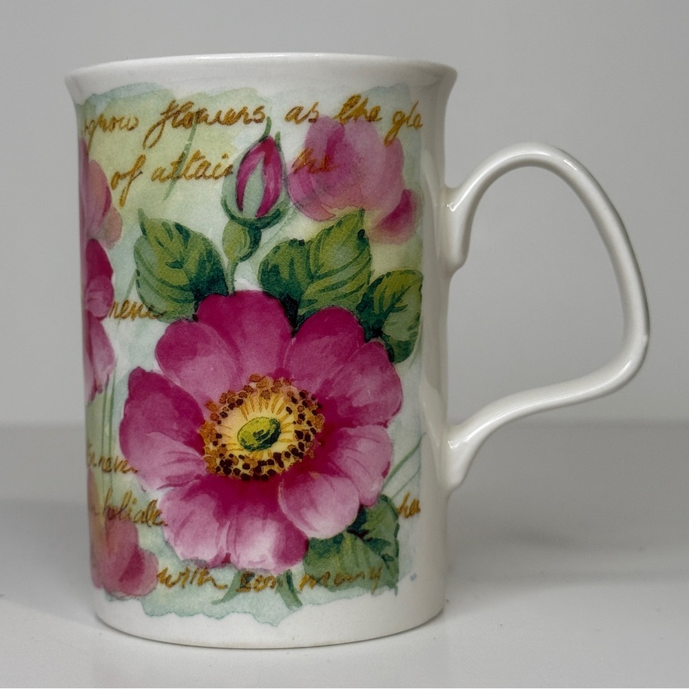 Roy Kirkham “Fragrance” Fine Bone China Floral  Mug White Pink Green Yellow EUC